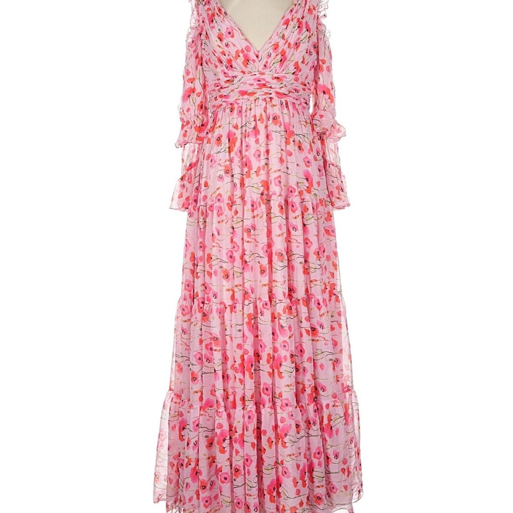 Mac Duggal Pink & Coral Floral Tiered Maxi Dress